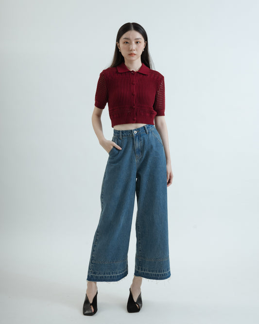 Textured Hollow Polo Knit Top (Red)