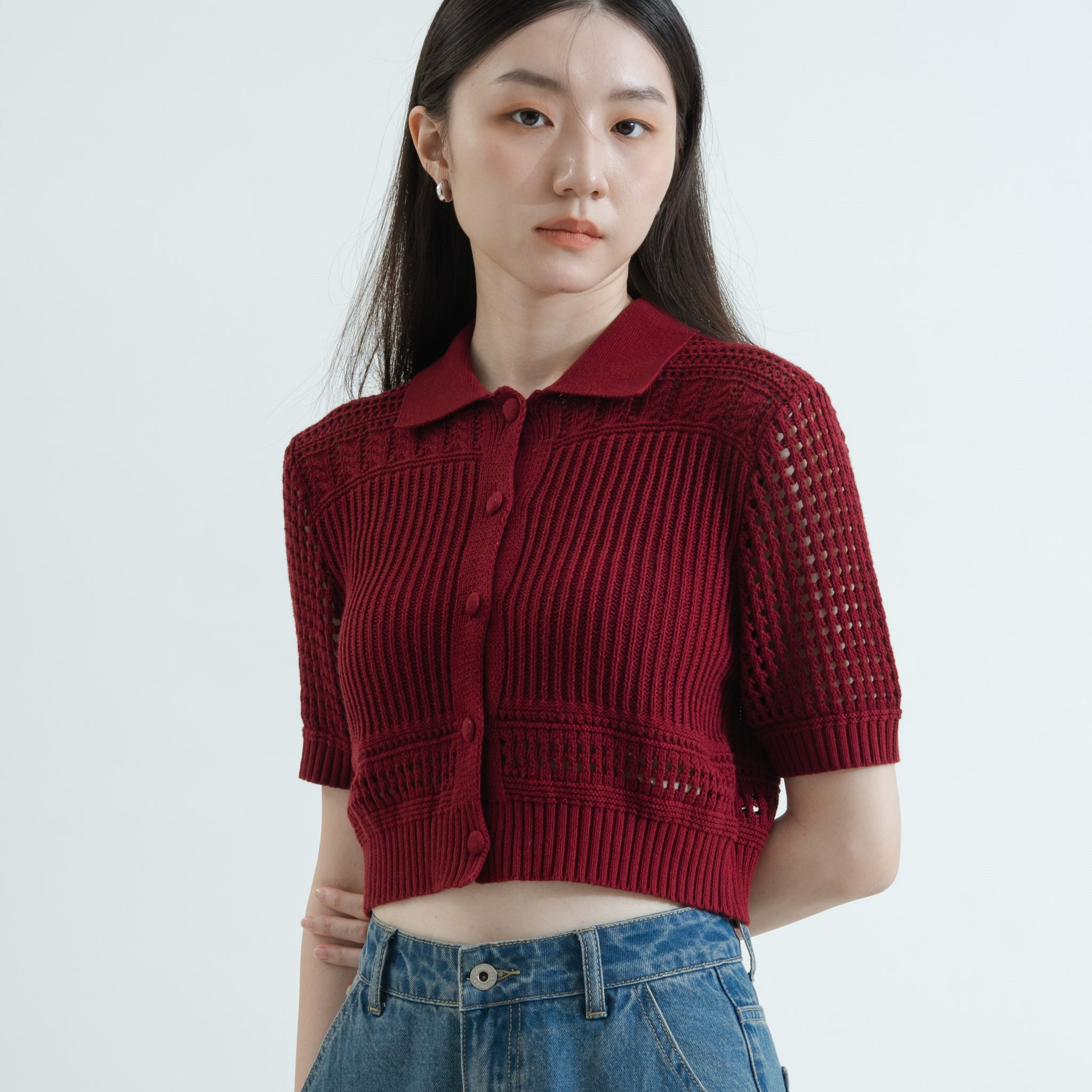 Textured Hollow Polo Knit Top (Red)