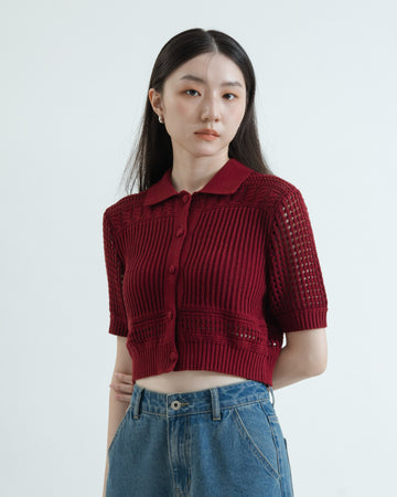 Textured Hollow Polo Knit Top (Red)