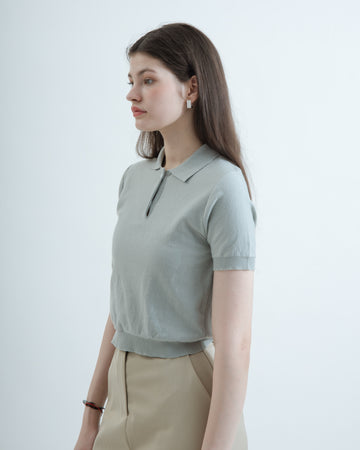 Eco Short Sleeve Collared Knit Top (Light Grey)