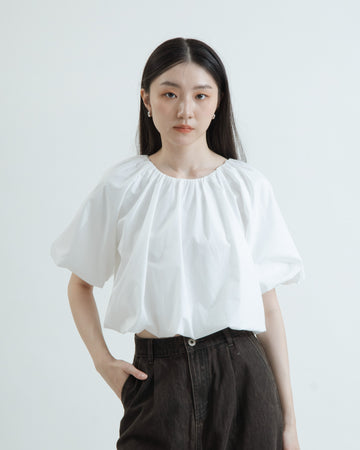 Two Way Pleated Balloon Sleeve Blouse (White)