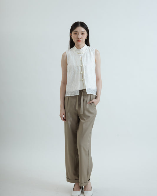 Sheer Layered Embroidery Cheongsam Top (Beige)