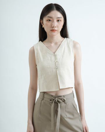 V-neck Button Down Sleeveless Linen Top (Beige)