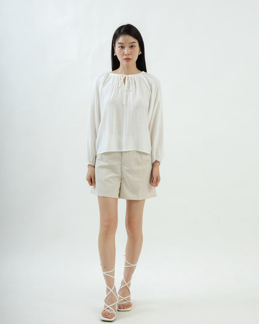 Drawstring Long Sleeve Blouse (Beige Stripes)