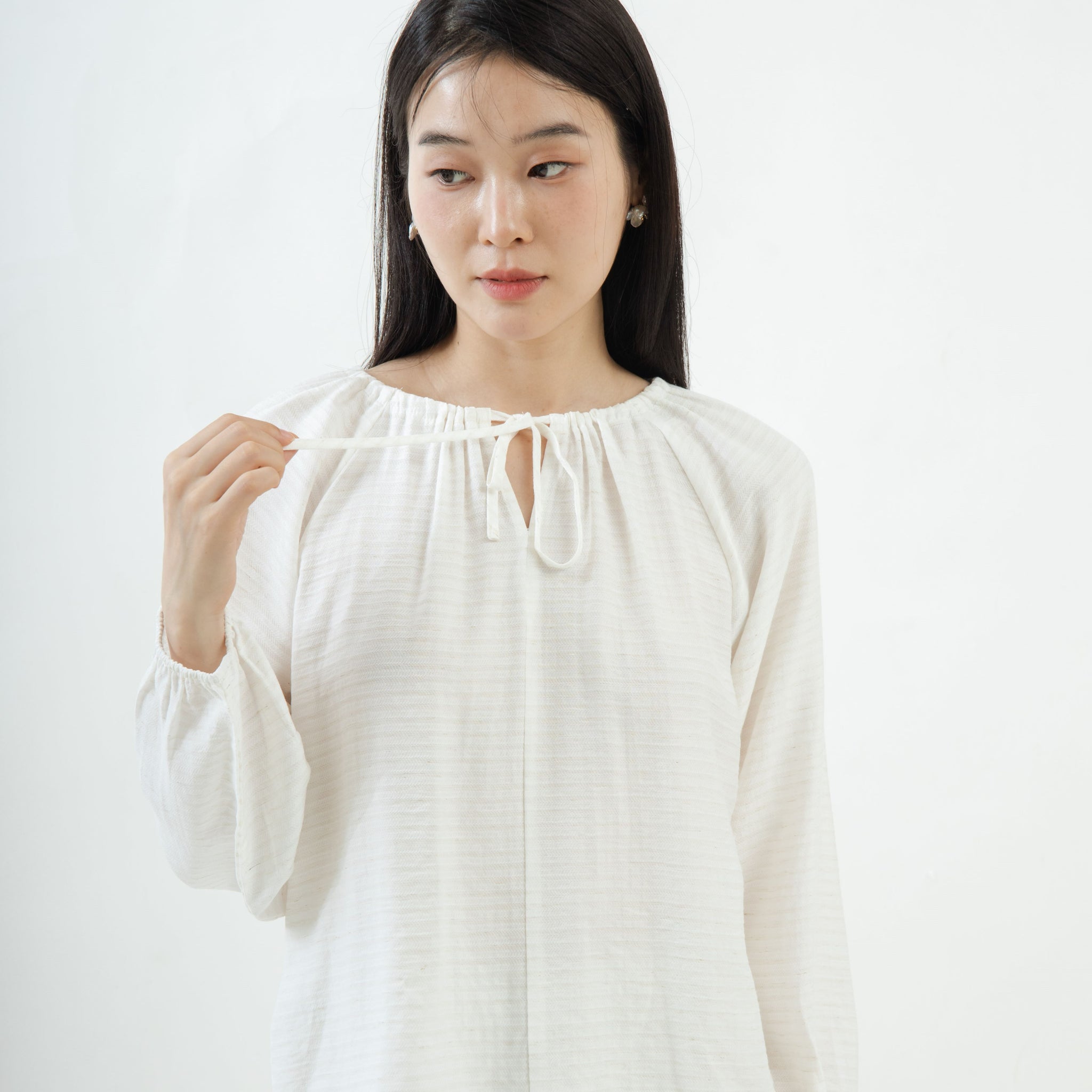 Drawstring Long Sleeve Blouse (Beige Stripes)