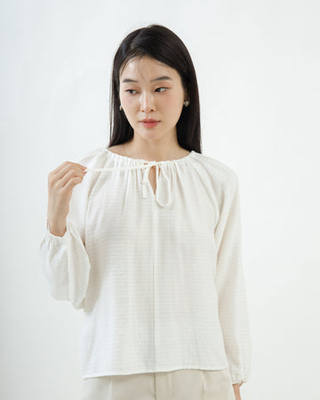 Drawstring Long Sleeve Blouse (Beige Stripes)