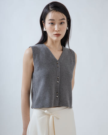 Button V Neck Sleeveless Knit Top (Grey)