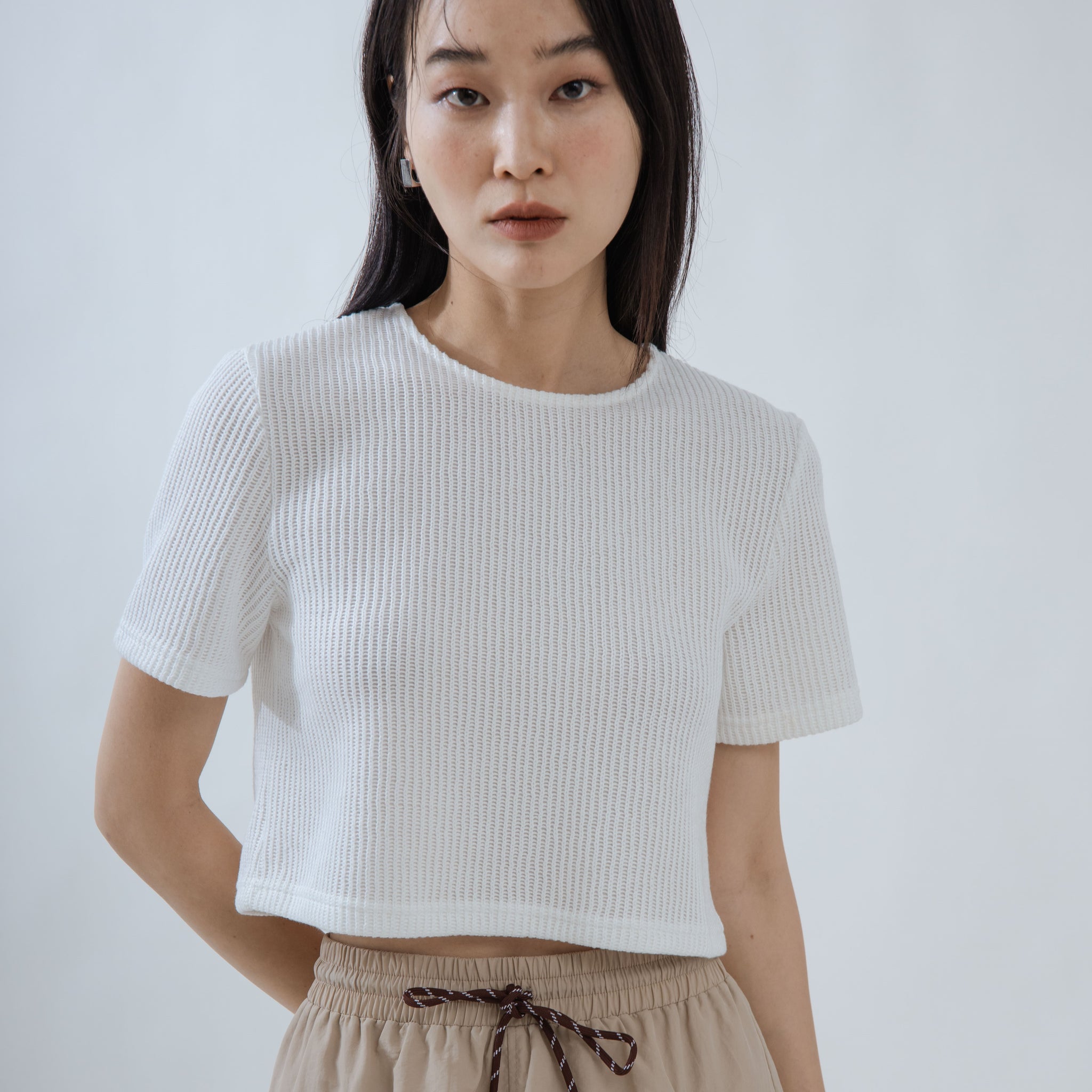 Ribbed Texture Short Sleeve Top (White)