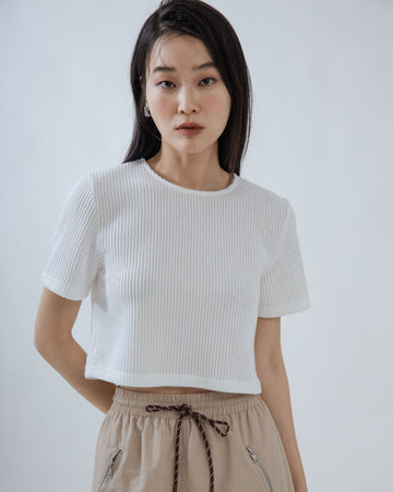 Ribbed Texture Short Sleeve Top (White)