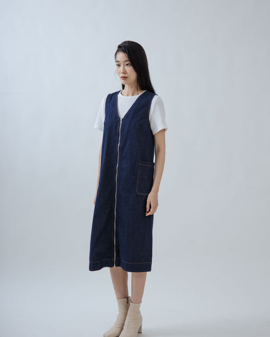 V Neck Zipper Sleeveless Denim Dress (Denim)