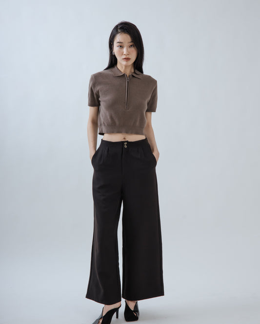 Dual Button High Waist Relaxed Culottes (Black)