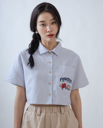 LULU Powered by Love Embroidery Cropped Shirt (Blue Stripes)